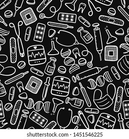 vector doodle white medical equipment seamless pattern on black