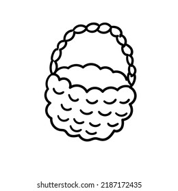 Vector doodle wicker picnic basket. Cute homemade bag made of twigs or straw for harvest. Isolated on a white background, outline element.