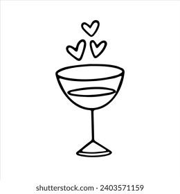 Vector doodle wide glass with hearts. Line drawing for card, Valentine's day, birthday, wedding