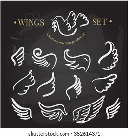 vector doodle wings set. angel wings collection, hand-drawn illustration of design elements.