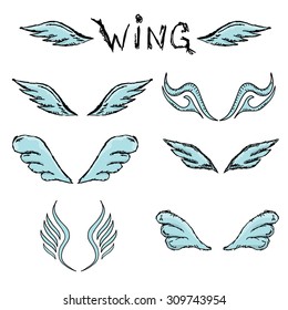 vector doodle wings set isolated on white. angel wings collection