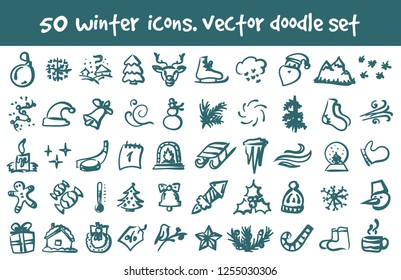 Vector doodle winter icons set. Stock cartoon signs for design.
