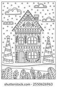 Vector doodle ilustración de invierno. Dibujado a mano para colorear antiestrés con casa y árboles.