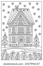 Vector doodle winter illustration. Hand drawn antistress coloring page with house and trees.