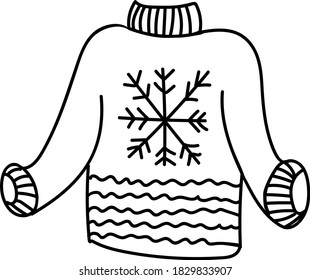 Vector doodle winter sweater. Cozy clothes element for seasonal design, greeting card, stickers, print, logo or travel blog icon. Warm apparel for autumn or winter season. 