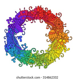  Vector doodle wreath with psychedelic colorful flowers and leafs. Can be used for cards, invitations, fabrics, wallpapers, ornamental template for design and decoration.