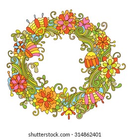  Vector doodle wreath with psychedelic colorful flowers and leafs. Can be used for cards, invitations, fabrics, wallpapers, ornamental template for design and decoration.