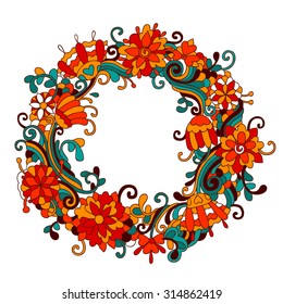  Vector doodle wreath with psychedelic colorful flowers and leafs. Can be used for cards, invitations, fabrics, wallpapers, ornamental template for design and decoration.