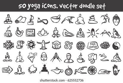 Vector doodle yoga icons set. Stock cartoon signs for design.