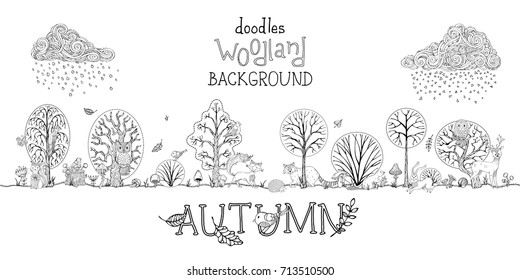 Vector doodles autumn woodland background. Outlined trees, cute wild animals and birds between trees. Curled clouds and rain. Falling leaves. Hare, fox, squirrel, deer, raccoon, owl, hedgehog.