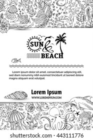 Vector doodles background of ocean life. Dolphin, fish, octopus, starfish, crab, shell, jellyfish, algae, seahorse. Hand-drawn underwater wild sea life. There is place for text on white background.