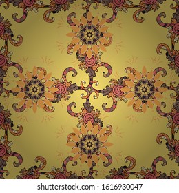 Vector. Doodles beige, yellow and orange on colors. Seamless pattern Print. Fashionable fabric pattern.