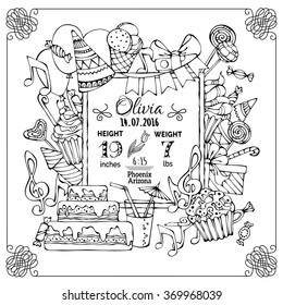 Vector doodles birth card announcement template. Party blowouts and hats, garlands and balloons, sweets, music notes and firework. There is place for your text in the center. Coloring book template. 