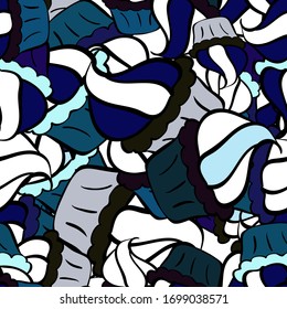 Vector. Doodles black, blue and white on colors. Print. Fashionable fabric pattern.