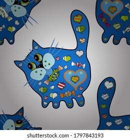 Vector. Doodles negros, azules y blancos en colores. Elementos planos. Patrón de tela de licitación. Diseño de gatos. Impresión de patrón sin inconvenientes.