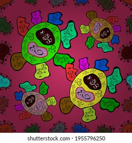 Vector. Doodles black, magenta and green on colors. Seamless pattern Print. Design. Flat elements. Tender fabric pattern.