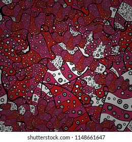 Vector. Doodles black, pink, red, white and purple on colors. Seamless pattern Print. Fashionable fabric pattern.