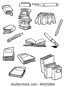 Vector doodles of books and writing things.