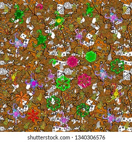 Vector. Doodles brown, orange and black on colors. Seamless Beautiful fabric pattern.
