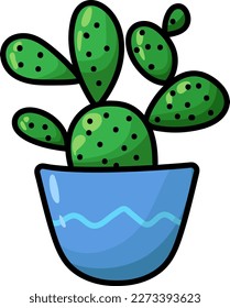 Vector doodles cactus, plant in a flower blue pot 