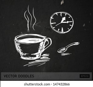 Vector doodles chalk on black board - cup of coffee, clock and spoon