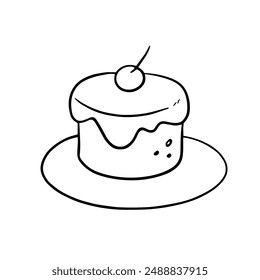 Vektorgrafik-Kritzeleien, Kirschkuchen, süßes Gebäck.  Isolierte Umrissdarstellung auf weißem Hintergrund. Französisches Frühstück