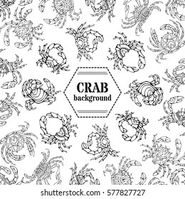 Vector doodles crabs background. Various linear hand-drawn crabs on white background. There is place for your text in the center.