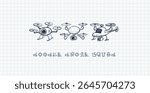 Vector doodles of creative flying and underwater drones drawn in blue pen on grid paper.