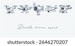 Vector doodles of creative flying and underwater drones drawn in blue pen on grid paper.