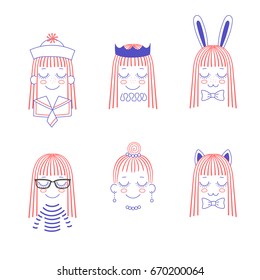 Vector doodles of cute girl faces with long hair, cat and rabbit ears, bow ties, crown, pleated collar, necklace, earrings, sailor hat and collar, striped shirt. Isolated objects on white background.