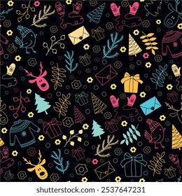 Vector doodles cute pattern, bird, sweater, fir branches, Christmas berries, snowflakes, reindeer faces, bright blue, yellow, crimson, pink, gold elements on black background,