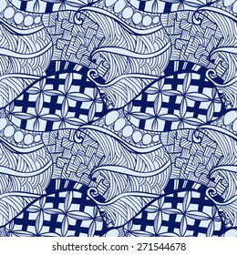 Vector doodles decorative ornamental contour background. Zentangle seamless pattern in blue tones.