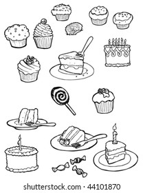 Vector doodles of delicious cakes.