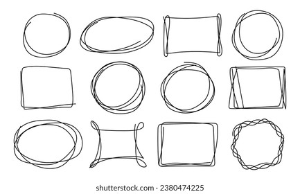 Vector doodles of different shapes. Square, circle, oval, rectangle, frame. Design element