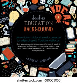 Vector doodles education background. Elements and symbols on black background. Laptop, documents, gadgets, office stationery and lab equipment. There is copy space for your text in the circle.