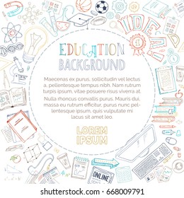 Vector doodles education background. Science, research, supplies, equipment, paper and documents, lab elements and symbols. There is copy space for your text in the center.