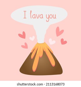 Vektordoodles brachen aus dem Vulkan mit Herz und Text "I lava you" auf pastellrosa Hintergrund aus. Cute pube für Drucke, die im Liebeskonzept entworfen wurden