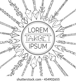 Vector doodles ethnic arrows round frame. Hand-drawn tribal arrows arranged in a circle on white background. Boho and hippie style illustration.