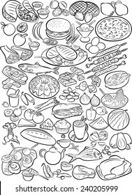 Vector doodles of food collection in line art mode