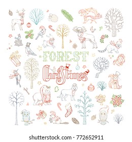 Vector doodles forest Christmas set. Linear winter trees and woodland animals in Santa hat and scarf. Moose, bear, fox, wolf, deer, owl, hare, squirrel, raccoon, hedgehog, birds and Christmas baubles.