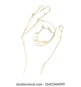 Vector doodles in the form of a golden hand gesture, highlighted on a white background. Okay. The texture of writing materials. Handwritten gold drawings and pencil strokes.