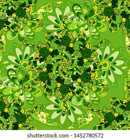 Vector. Doodles green, yellow and black on colors. Fashionable fabric pattern. Seamless pattern Print.