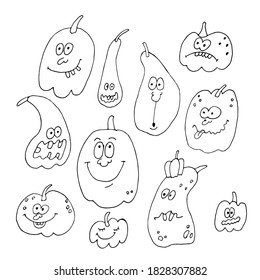 Vector doodles Halloween pumpkin funny scared goofy and cute isolated on white background. Pumpkins have a face, eyes, and mouth. Hand-drawn illustration.