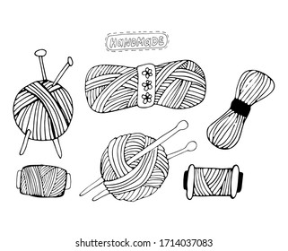 Vector doodles hand drawing illustration. Sewing icons for sewing, knitting, crafts, hobbies. Collection of design elements isolated on white background.