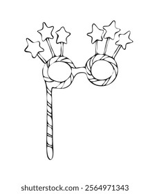 Vector doodles hand drawn birthday party staff, funny starry eyeglasses, birthday decorations, festive doodles
