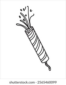 Vector doodles hand drawn birthday party staff, firecracker with confetti, fun decorations, festive doodles