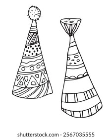 Vector doodles hand drawn birthday party staff, funny cones, birthday decorations, festive doodles