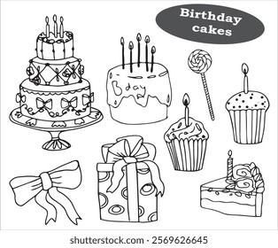 Vector doodles hand drawn birthday party staff, cakes and cupcakes with candles, gift boxes, birthday decorations, festive doodles