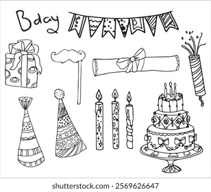 Vector doodles hand drawn birthday party staff, festive elements, funny flags, birthday decorations, simple doodles, gifts