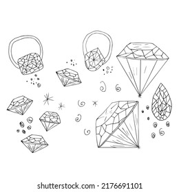vector doodles of hand drawn elements. Set of vector icons with diamonds and jewelry rings with precious stones